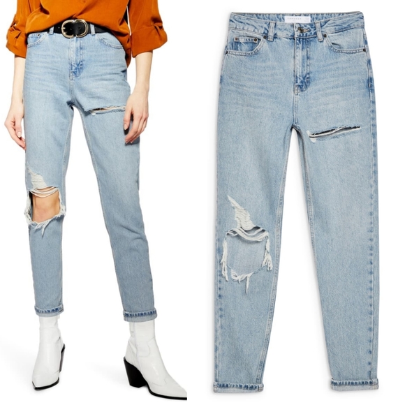 TOPSHOP Bleach Ripped Mom Tapered Jeans W24 L30